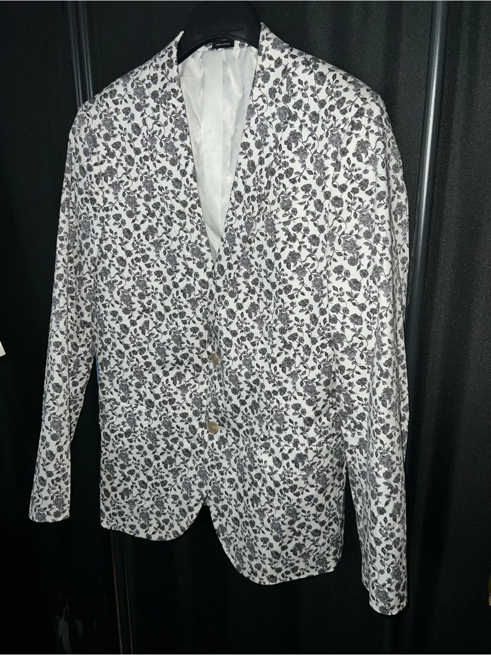 Men's White Blazer with Black Floral Print - Tailored Sport Coat